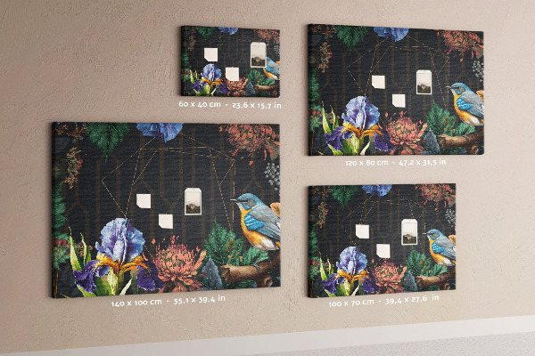 Kork-Pinnwand mit Blumenmuster und buntem Vogel