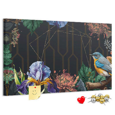 Kork-Pinnwand mit Blumenmuster und buntem Vogel
