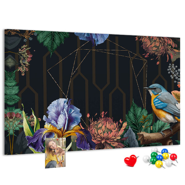 Kork-Pinnwand mit Blumenmuster und buntem Vogel