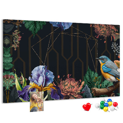 Kork-Pinnwand mit Blumenmuster und buntem Vogel