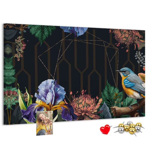 Kork-Pinnwand mit Blumenmuster und buntem Vogel
