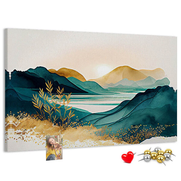 Bild mit Korkrückwand goldene Hügel über einem ruhigen See