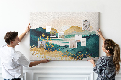 Bild mit Korkrückwand goldene Hügel über einem ruhigen See