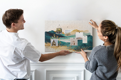 Bild mit Korkrückwand goldene Hügel über einem ruhigen See