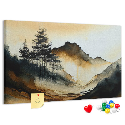 Korktafel mit Motiv malerische Berglandschaft mit Bäumen