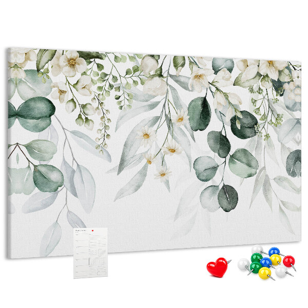 Korktafel mit Blumen- und Blattmuster in Pastelltönen