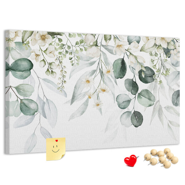 Korktafel mit Blumen- und Blattmuster in Pastelltönen