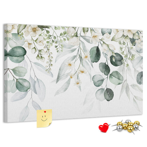 Korktafel mit Blumen- und Blattmuster in Pastelltönen