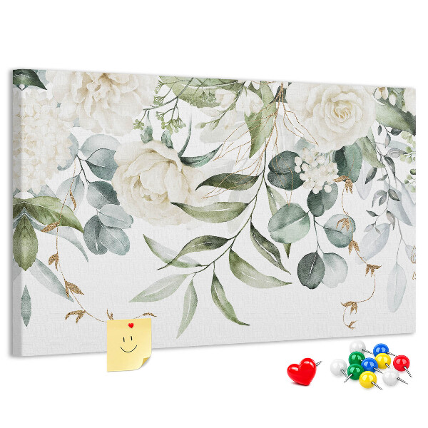 Bild mit Korkrückwand mit Blumenmuster und grünen Blättern