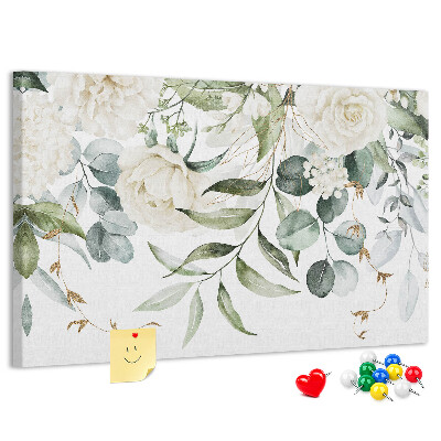 Bild mit Korkrückwand mit Blumenmuster und grünen Blättern