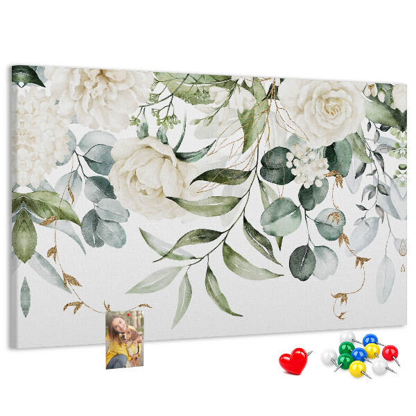 Bild mit Korkrückwand mit Blumenmuster und grünen Blättern