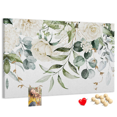 Bild mit Korkrückwand mit Blumenmuster und grünen Blättern