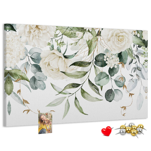 Bild mit Korkrückwand mit Blumenmuster und grünen Blättern