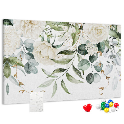 Bild mit Korkrückwand mit Blumenmuster und grünen Blättern