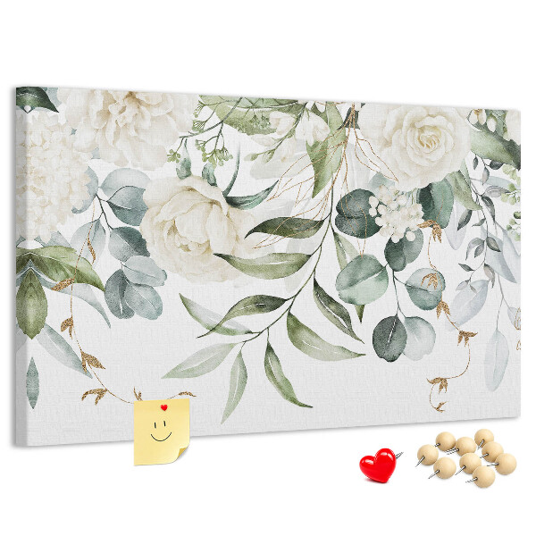 Bild mit Korkrückwand mit Blumenmuster und grünen Blättern