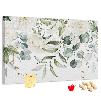 Bild mit Korkrückwand mit Blumenmuster und grünen Blättern