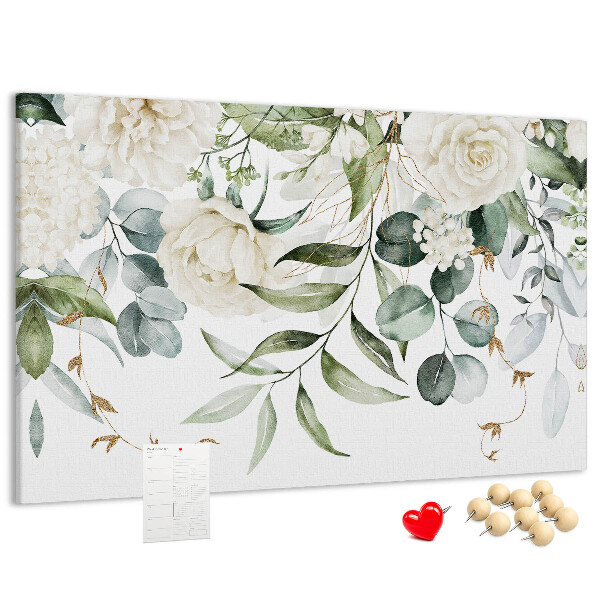 Bild mit Korkrückwand mit Blumenmuster und grünen Blättern