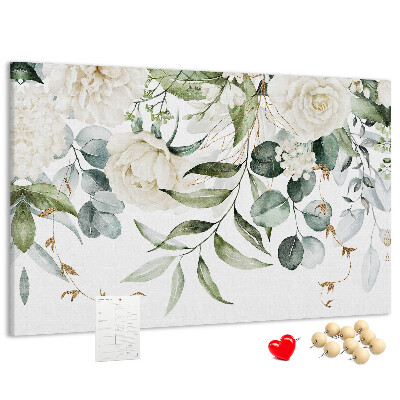 Bild mit Korkrückwand mit Blumenmuster und grünen Blättern