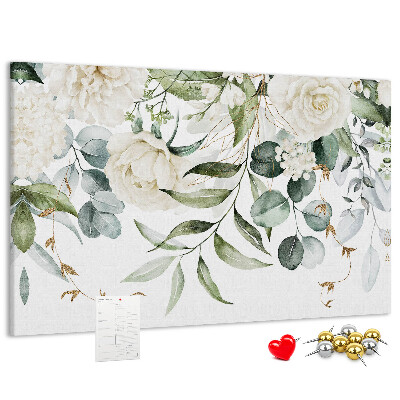 Bild mit Korkrückwand mit Blumenmuster und grünen Blättern
