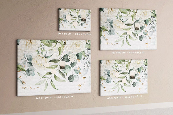 Bild mit Korkrückwand mit Blumenmuster und grünen Blättern