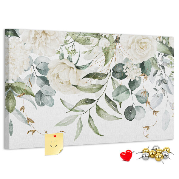 Bild mit Korkrückwand mit Blumenmuster und grünen Blättern