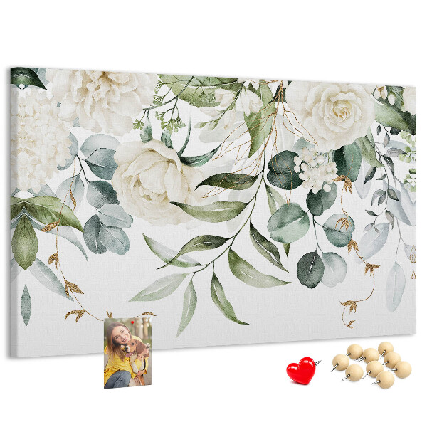 Bild mit Korkrückwand mit Blumenmuster und grünen Blättern