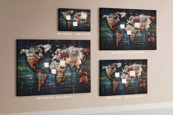 Weltkarte mit Korkrückwand stilisierte Darstellung in erdigen Farben