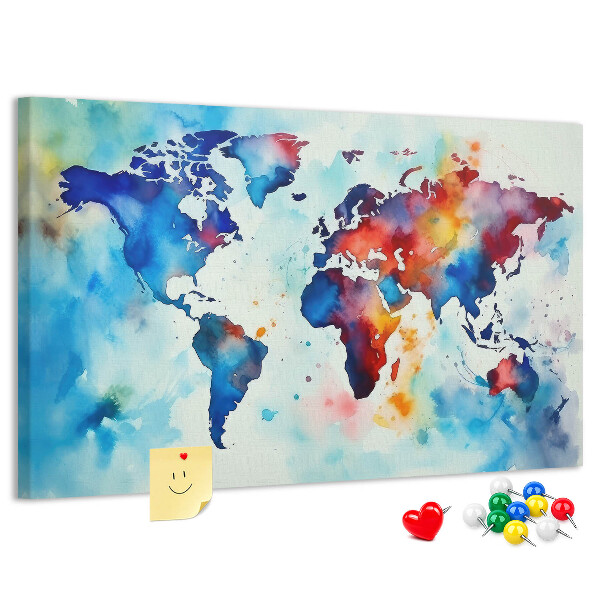 Pinnwand aus Kork mit buntem Aquarell-Weltkartenmotiv