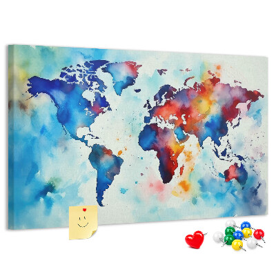 Pinnwand aus Kork mit buntem Aquarell-Weltkartenmotiv