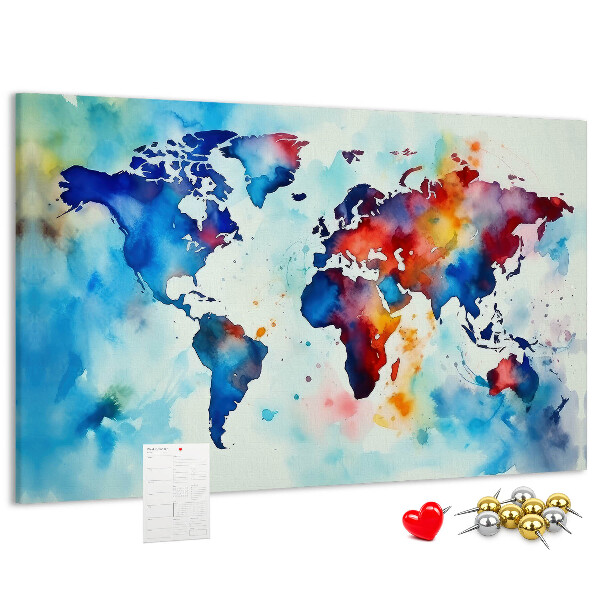 Pinnwand aus Kork mit buntem Aquarell-Weltkartenmotiv