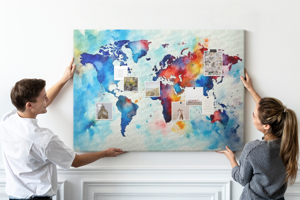 Pinnwand aus Kork mit buntem Aquarell-Weltkartenmotiv