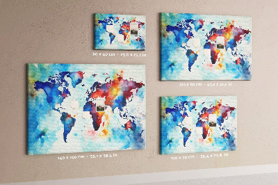 Pinnwand aus Kork mit buntem Aquarell-Weltkartenmotiv