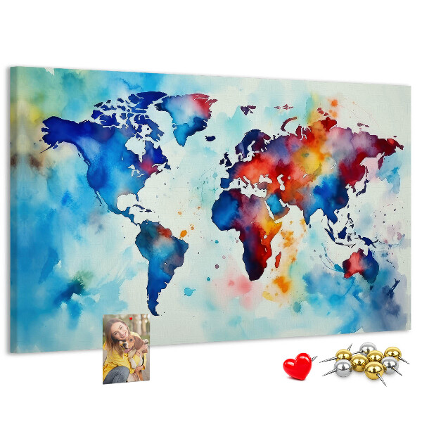 Pinnwand aus Kork mit buntem Aquarell-Weltkartenmotiv