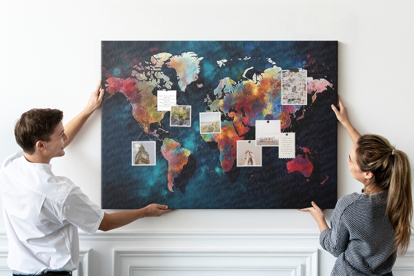Korkbild farbenfrohe Weltkarte auf dunklem Hintergrund