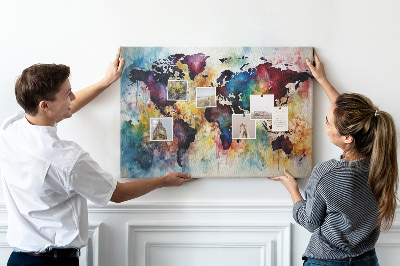 Weltkarte im Aquarellstil mit Korkrückwand
