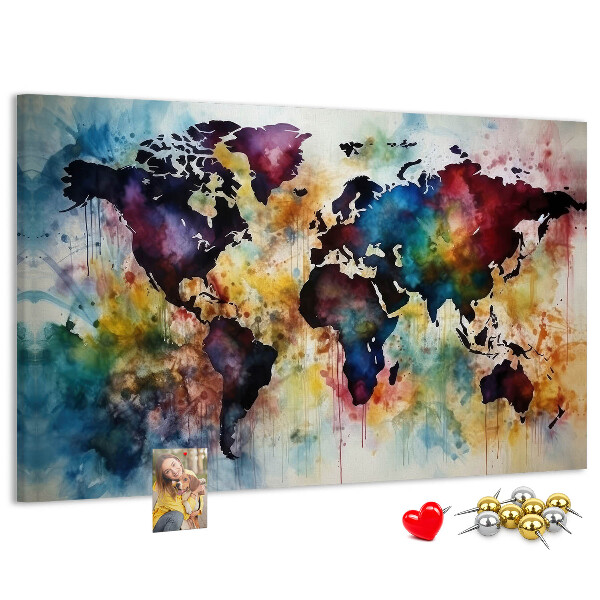 Weltkarte im Aquarellstil mit Korkrückwand
