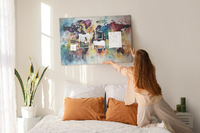 Weltkarte im Aquarellstil mit Korkrückwand