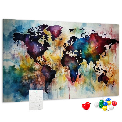 Weltkarte im Aquarellstil mit Korkrückwand