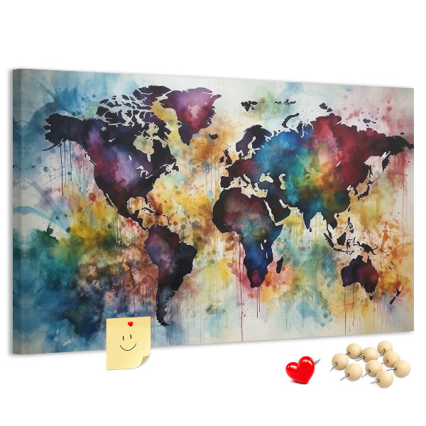 Weltkarte im Aquarellstil mit Korkrückwand