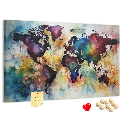 Weltkarte im Aquarellstil mit Korkrückwand