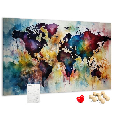 Weltkarte im Aquarellstil mit Korkrückwand