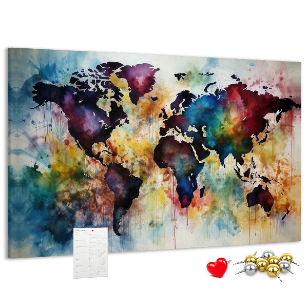 Weltkarte im Aquarellstil mit Korkrückwand