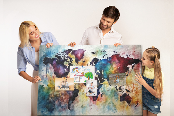 Weltkarte im Aquarellstil mit Korkrückwand