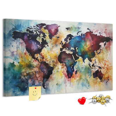 Weltkarte im Aquarellstil mit Korkrückwand