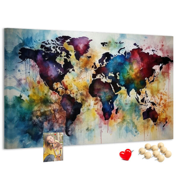 Weltkarte im Aquarellstil mit Korkrückwand