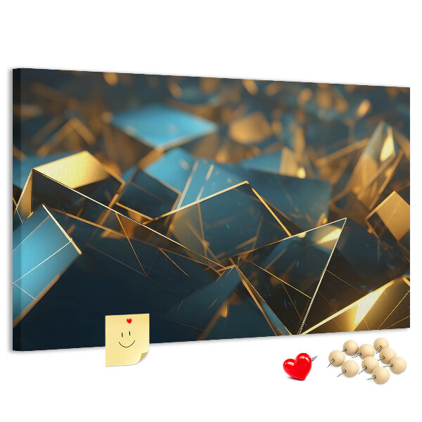 Korkpinnwand mit goldenen und blauen geometrischen Formen
