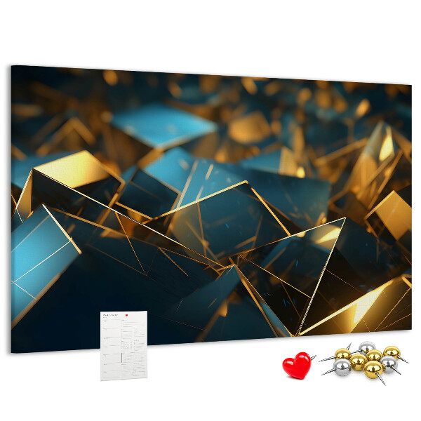 Korkpinnwand mit goldenen und blauen geometrischen Formen