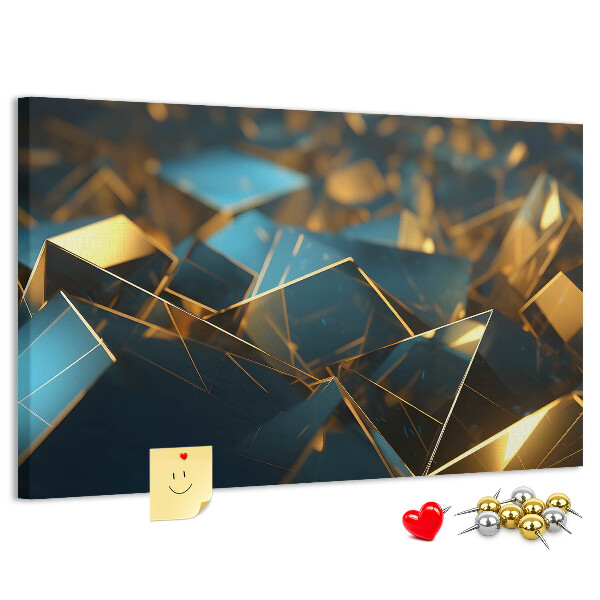 Korkpinnwand mit goldenen und blauen geometrischen Formen