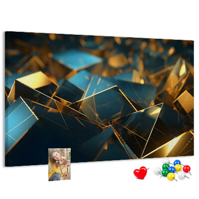 Korkpinnwand mit goldenen und blauen geometrischen Formen