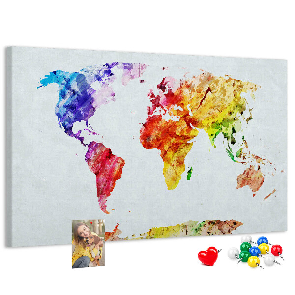 Bunte Aquarell-Weltkarte mit Korkrückwand